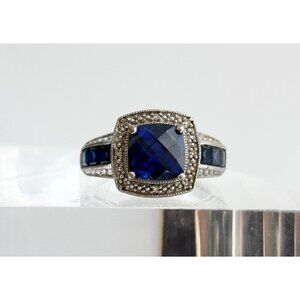 Blue Sapphire Cushion Cut Faceted 925 Sterling Silver Vintage Ring - sz 7